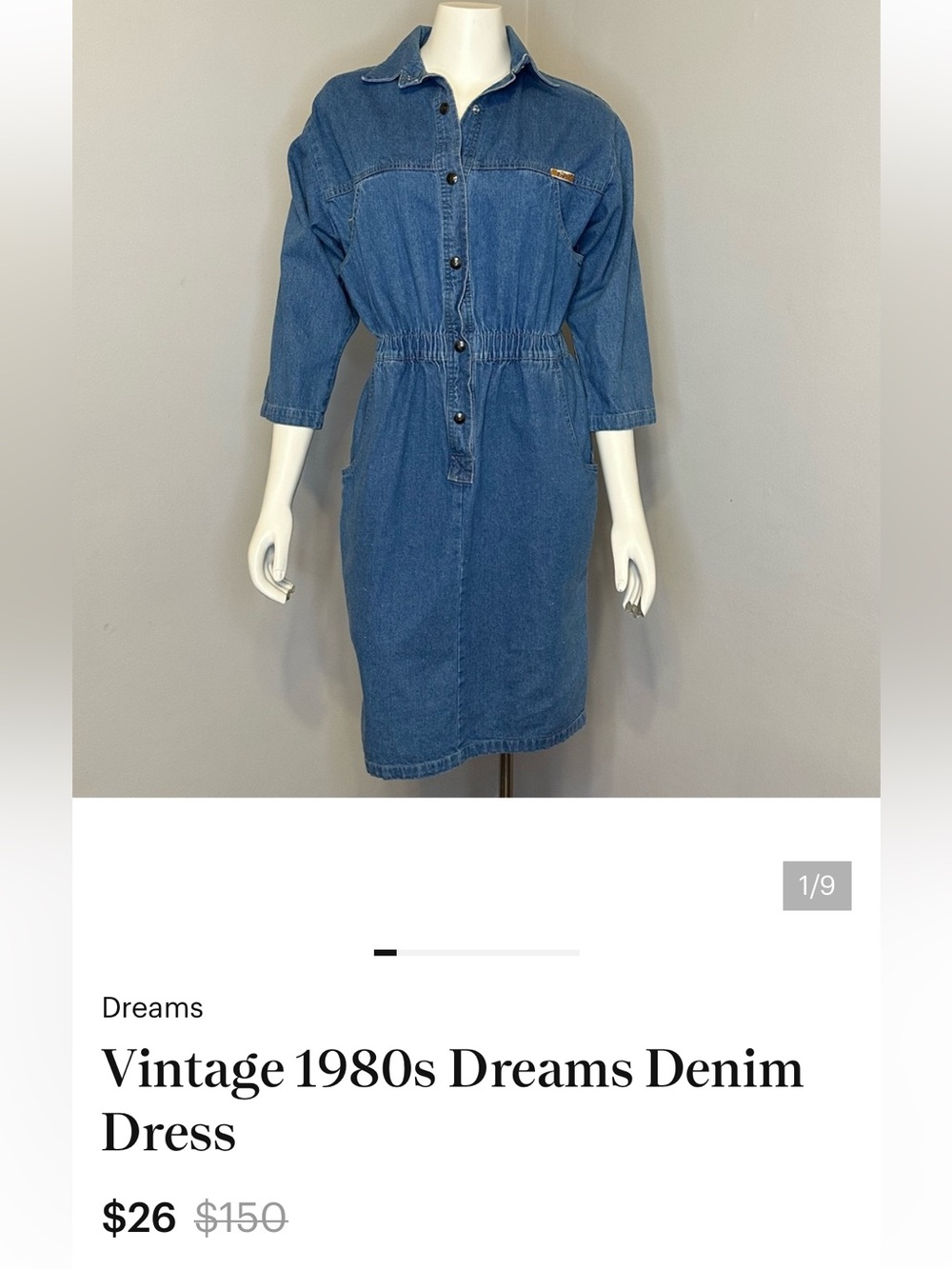 Vintage 1980s Dreams Cotton Denim Dress, Size Medium